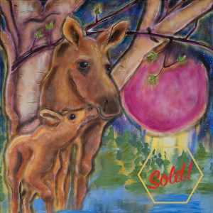 Detail of an original painting. There is a mama moose and a baby moose standing in the water, a huge pink moon, with a birch tree behind them and some trees on the horizon.