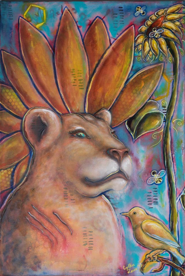 Painting of a lioness with a large sunflower behind her, giving the illusion of a headdress. There is a very tall sunflower beside her as well as a small yellow bird, sitting on a branch in front of the smaller and taller sunflower. The background is blue and there are a few bees in the image as well.