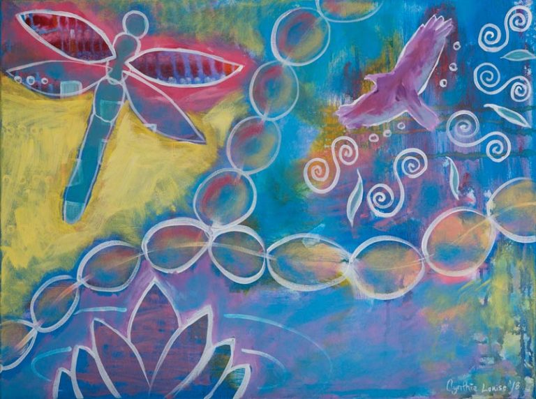 Painting, mostly blues and purples. There is a large dragonfly in the top left, a lotus flower in the bottom left, an eagle in the top right, and some prayer beads flow across the canvas in a "Y" shape. There are some spiral flourishes as well.