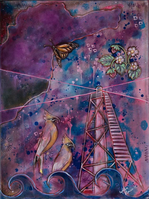 Painting: 1 of 2 (diptych). The outline of the shape of Porphyry Island sets the stage for significant features of the island, the lighthouse is in this one as well as a pair of cedar waxwings, a monarch, a woodland strawberry plant and the waves of Ktichigaming (Lake Superior).