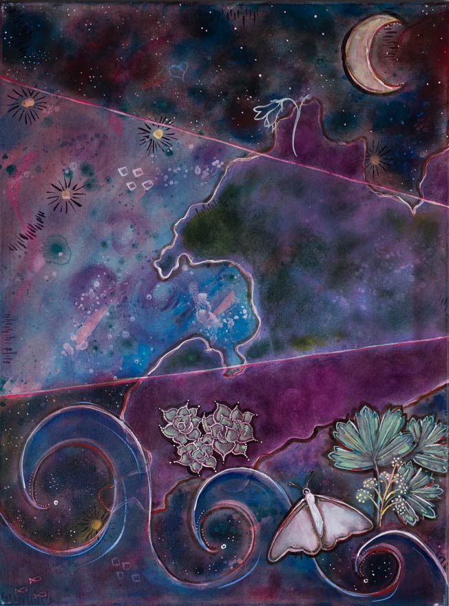 Painting: 2 of 2 (diptych). The outline of the shape of Porphyry Island sets the stage for significant features of the island, this one has devil's club, some of the arctic plants, the moon and the waves of Ktichigaming (Lake Superior).